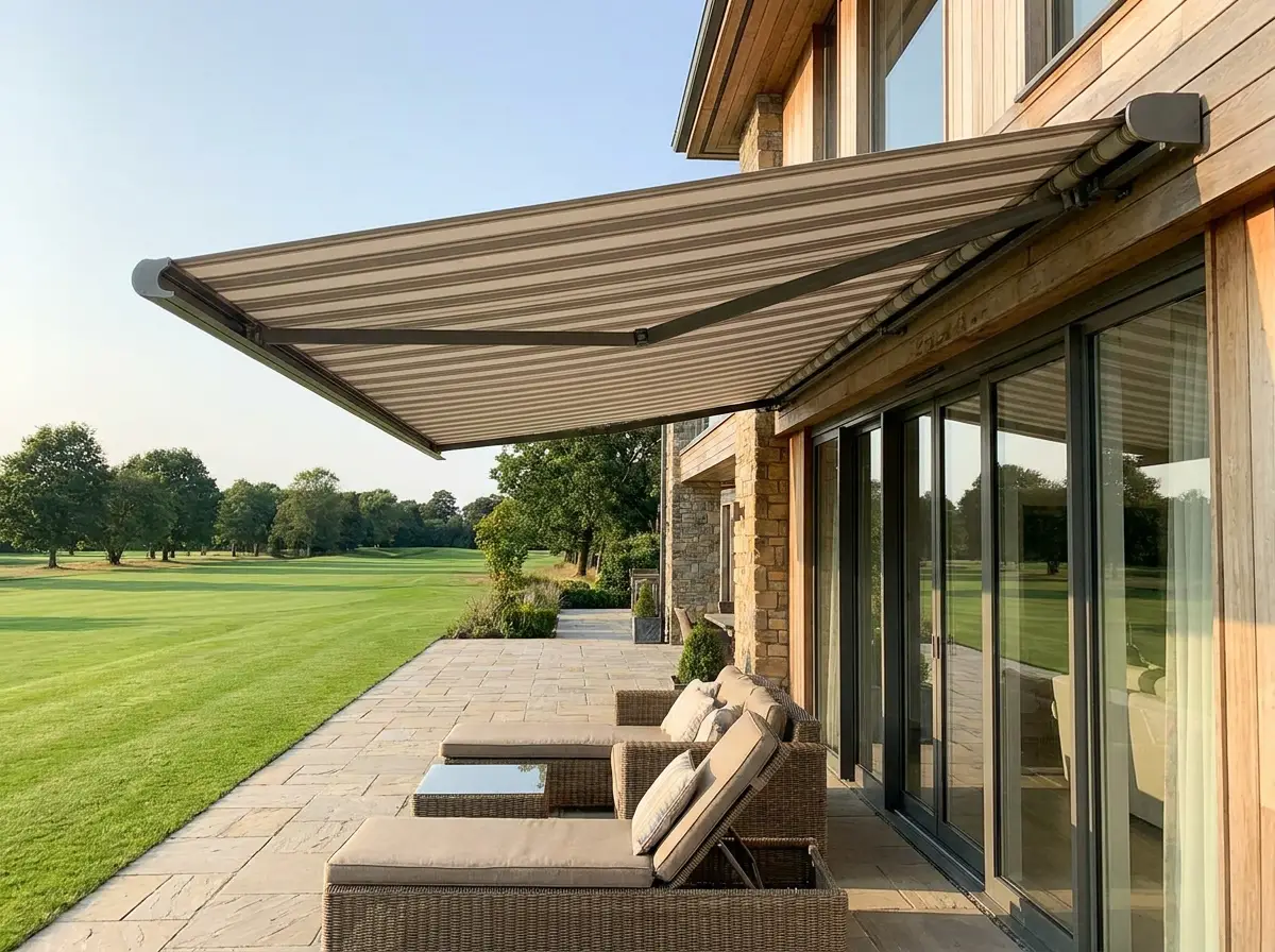 Folding-arm awning extended over a covered patio on a Dainfern golf-estate home, shading outdoor seating with a manicured fairway visible beyond