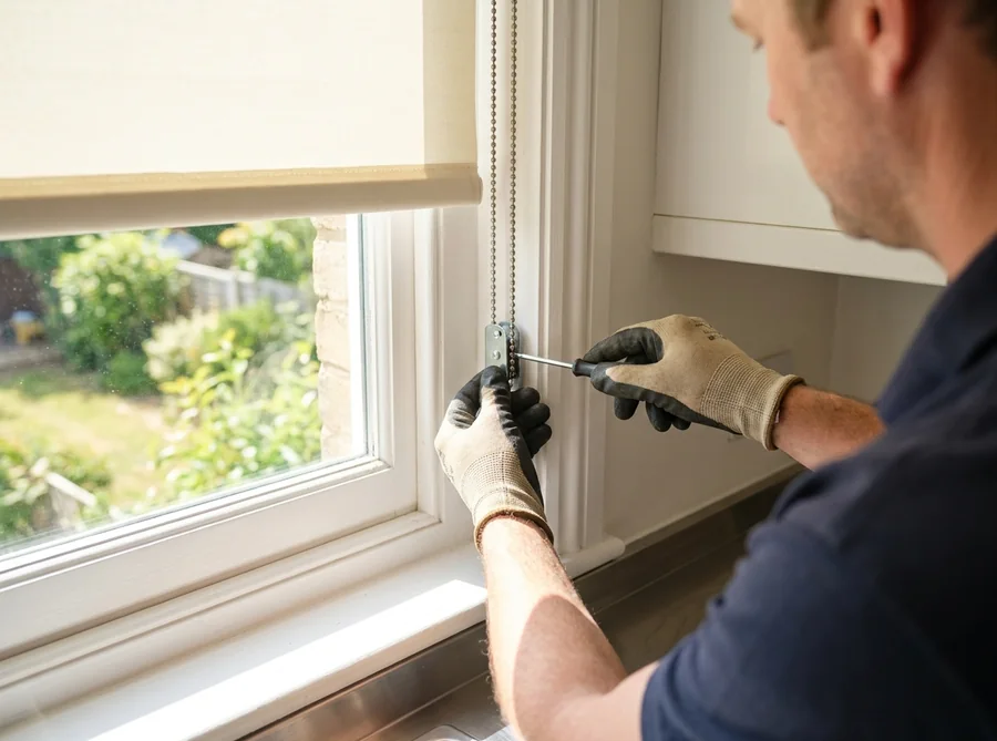 Repair technician's gloved hands adjusting the chain-and-clutch mechanism of a roller blind mounted at a Chartwell-area kitchen window — the kind of fix a service visit handles