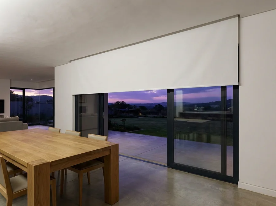 White blind lowered from a concealed slot in the ceiling above wide glass sliders in a Chartwell-area dining room, no headbox in sight, a violet dusk over the garden beyond