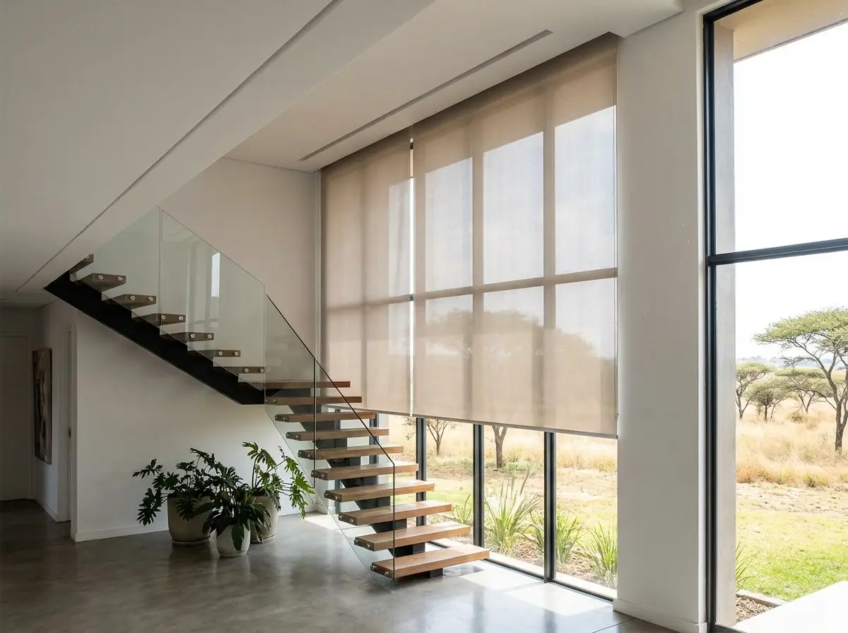 Tall double-volume stairwell window in a Chartwell-area home with a blind dropping from a concealed ceiling recess, no visible headbox, the sort of high run that only works motorised