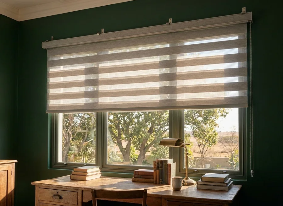 Day and night blind mounted at the head of a study window in a Chartwell-area home, sheer and solid bands half-open above a wooden desk, farmland visible through the voile