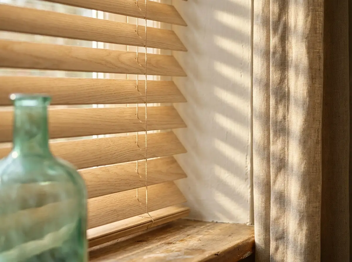 Close-up of timber venetian slats in a Chartwell-area home, tilted so late-afternoon highveld light lands on the wall in bands rather than on the room