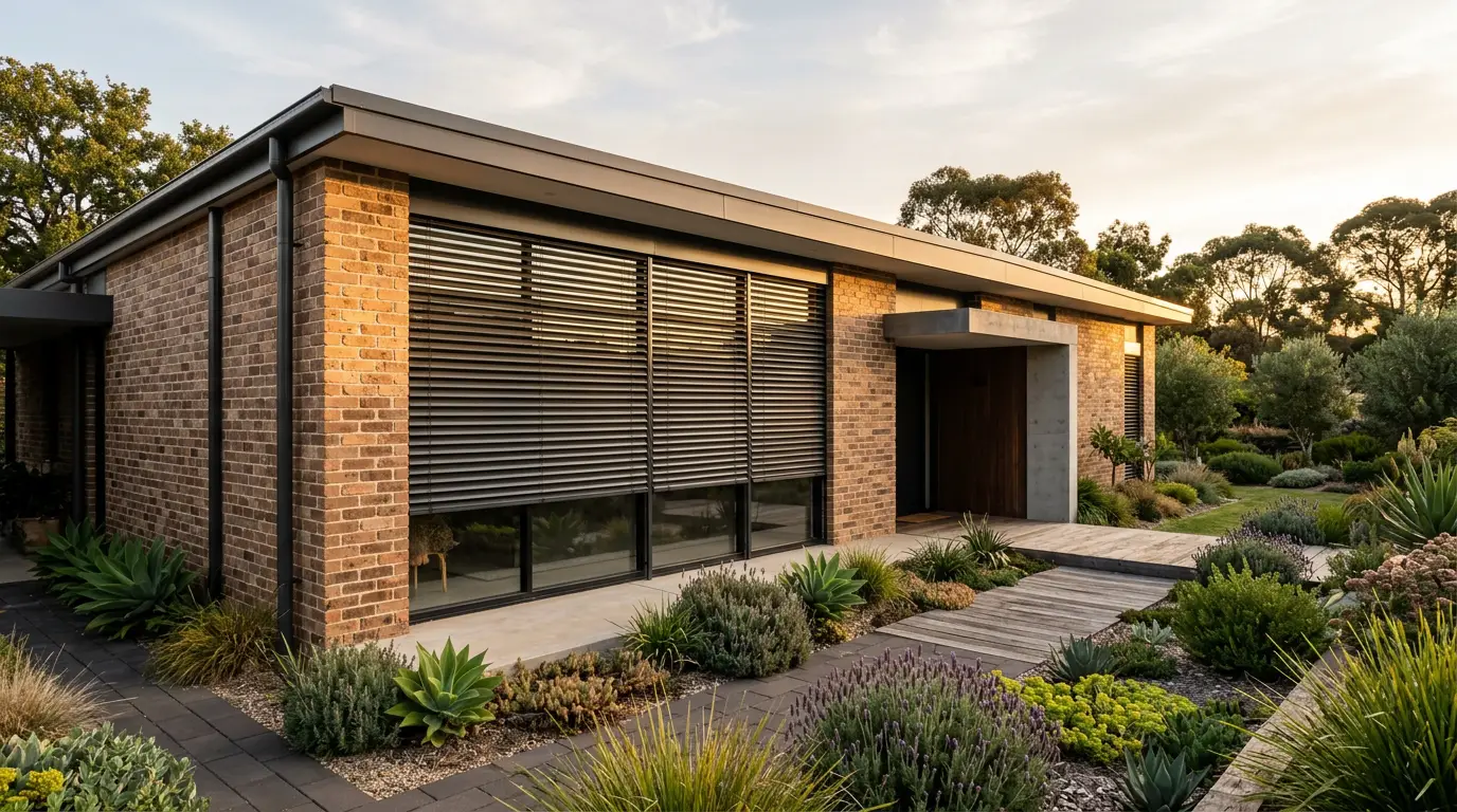 Wide exterior view of a modern face-brick home facade on a Chartwell-area smallholding, external aluminium venetian blinds mounted outside a bank of west-facing windows, slats tilted against the low afternoon sun