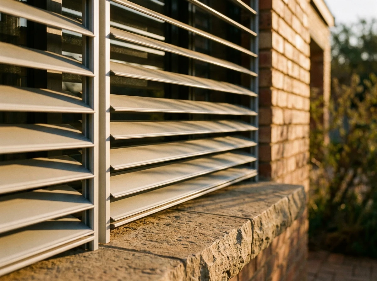 Close-up of external aluminium venetian blind slats mounted outside a window on a Chartwell-area face-brick home, throwing striped shadow patterns across a stone windowsill