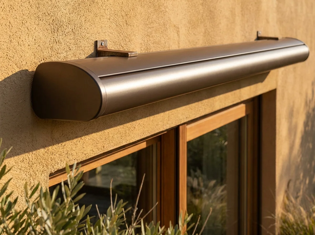 Bronze full-cassette folding-arm awning fully retracted on its wall brackets above timber-framed patio doors at a Chartwell-area home, arms and fabric sealed inside the closed cassette away from the gravel-road dust