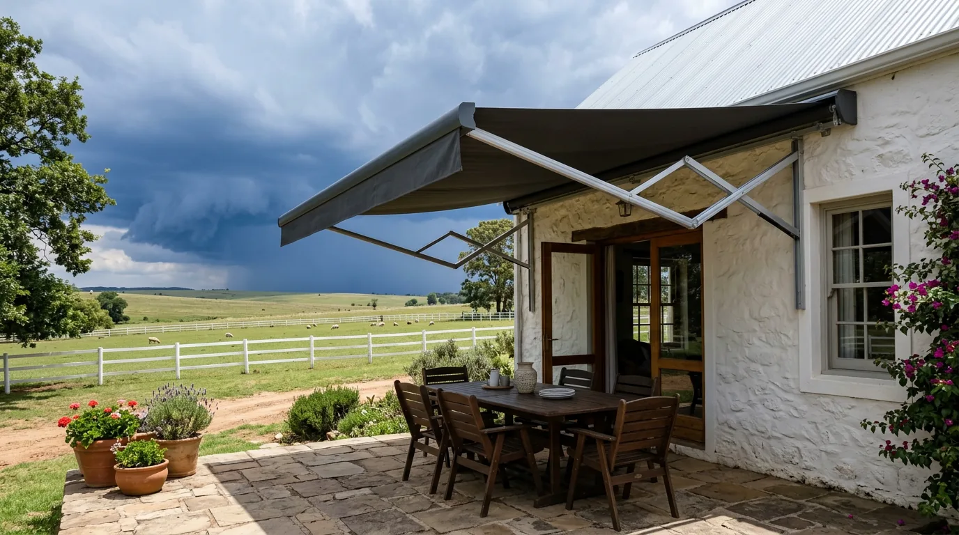 A folding-arm awning fully extended on its articulated arms over a paved stoep with an outdoor table, white post-and-rail paddock fencing and grazing livestock beyond, and a dark highveld thunderstorm building on the horizon