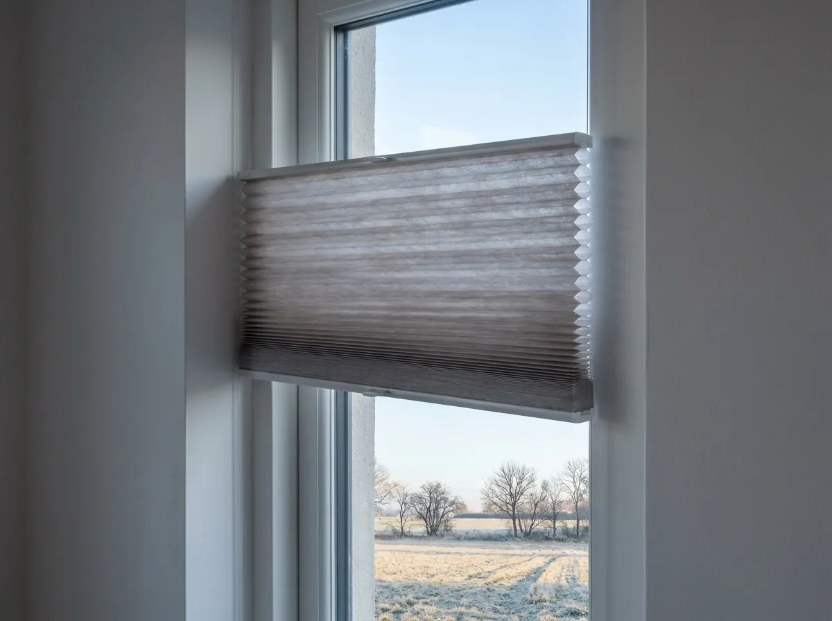 Close view of a cellular honeycomb blind half raised at a window, its concertina of hexagonal air cells clearly visible between the two fabric faces, with a frosted paddock and bare winter trees beyond the glass