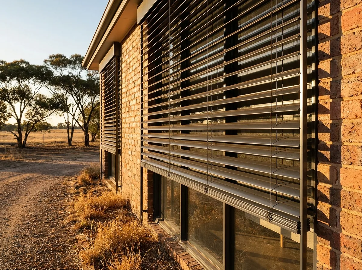 External venetian blinds mounted outside the windows of a single-storey face-brick homestead, wide aluminium slats held in slim vertical side guides and tilted against a low late-afternoon sun, with a gravel farm road and dry grass in front