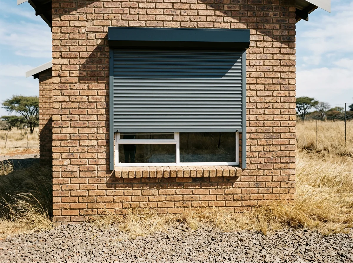 An external aluminium roller shutter on a face-brick country house, its rigid interlocking horizontal slats lowered most of the way from a neat headbox above the window and running in slim side channels, with gravel and dry highveld grass in front