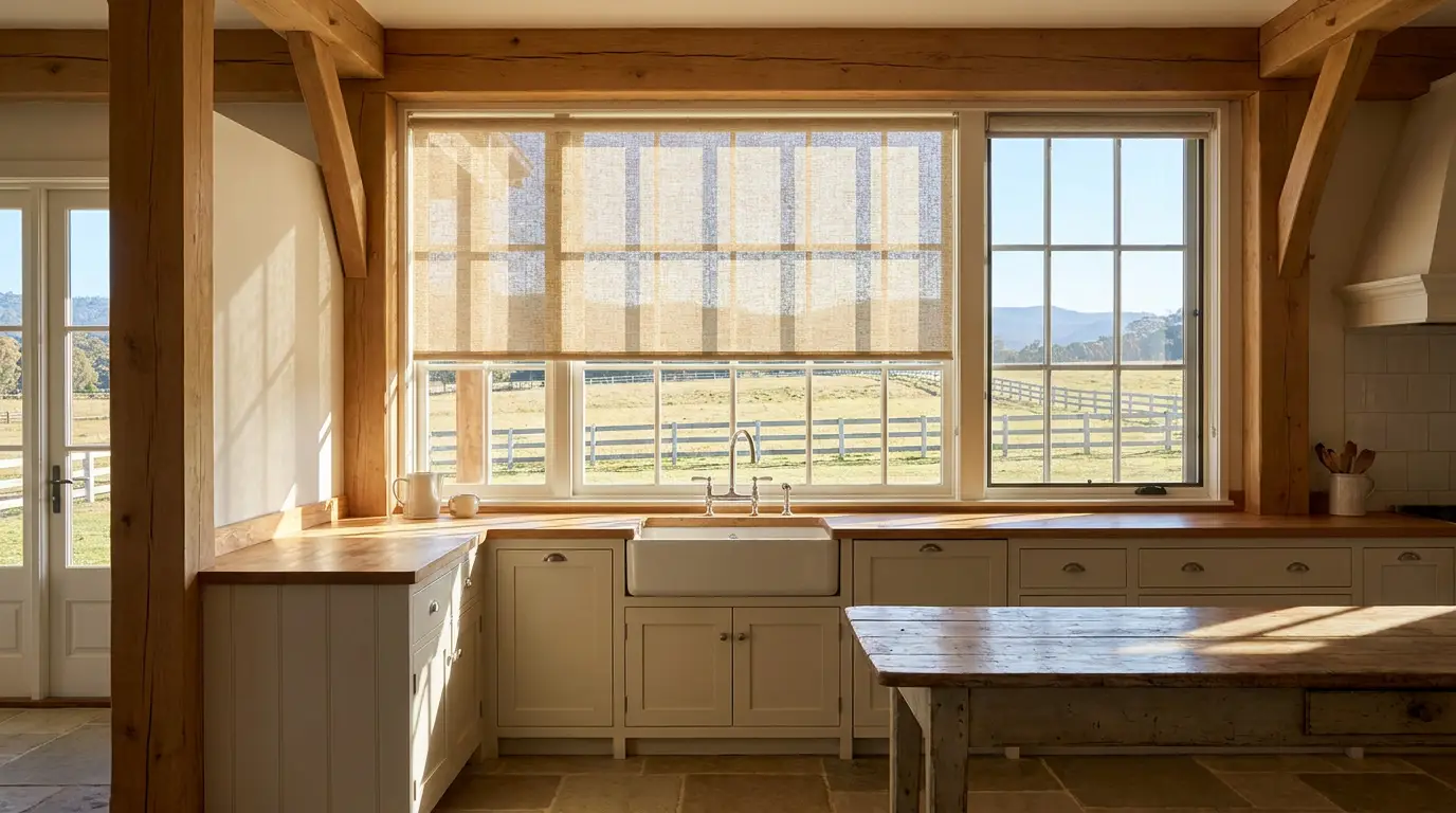 A sunscreen roller blind partially lowered across a wide kitchen window, morning light filtering through the open-weave fabric, a grazed paddock and post-and-rail fencing visible outside