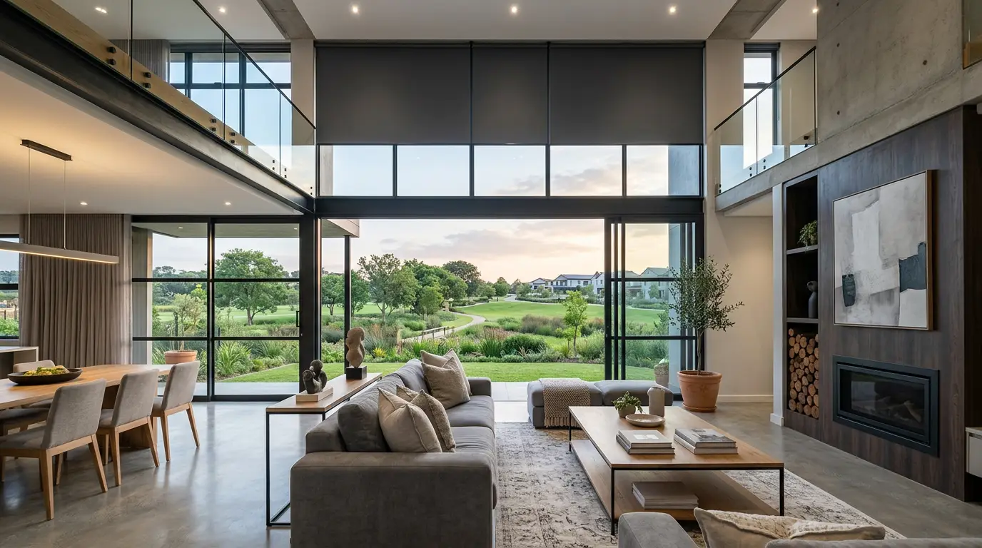 Contemporary double-volume living room with floor-to-ceiling steel-frame glazing in Helderfontein Estate, a motorised blockout roller blind lowered halfway, overlooking a landscaped greenbelt