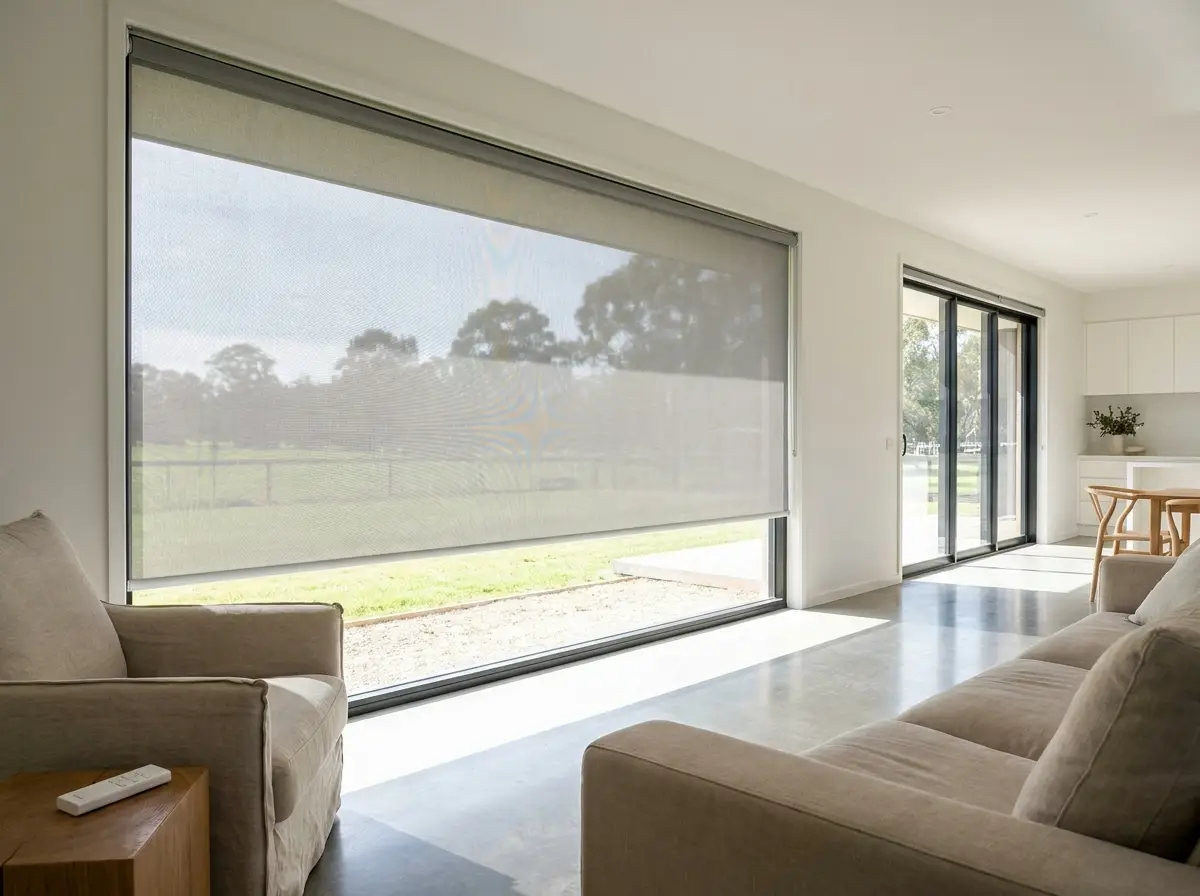 Motorised sunscreen roller blind partially lowered over a large living-room window in a Chartwell-area home, remote resting on a side table
