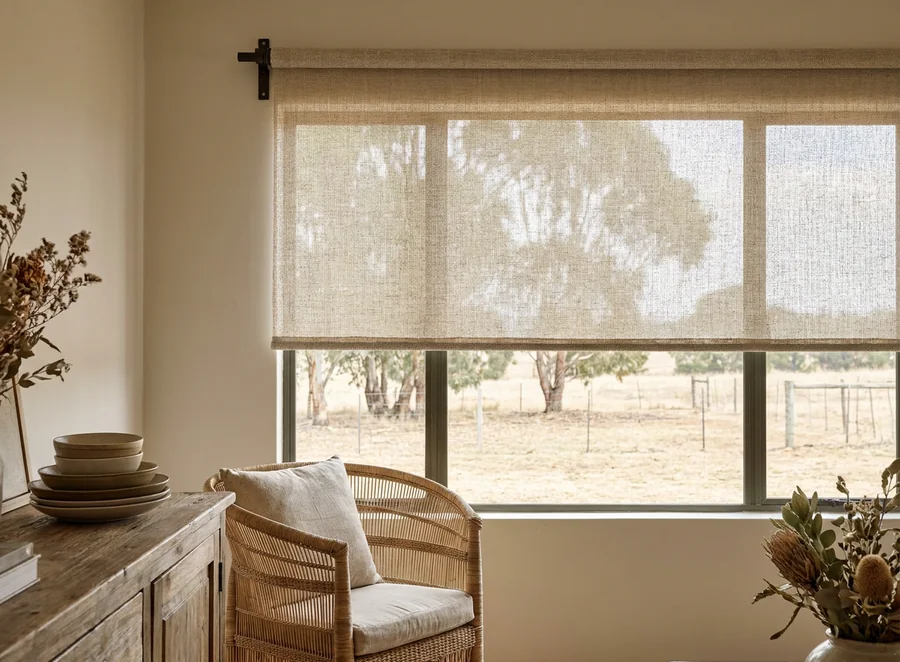 Oatmeal open-weave sunscreen roller blind on its bracket above a broad Chartwell-area lounge window, lowered three-quarters with the gum trees and paddock fence still showing through the fabric