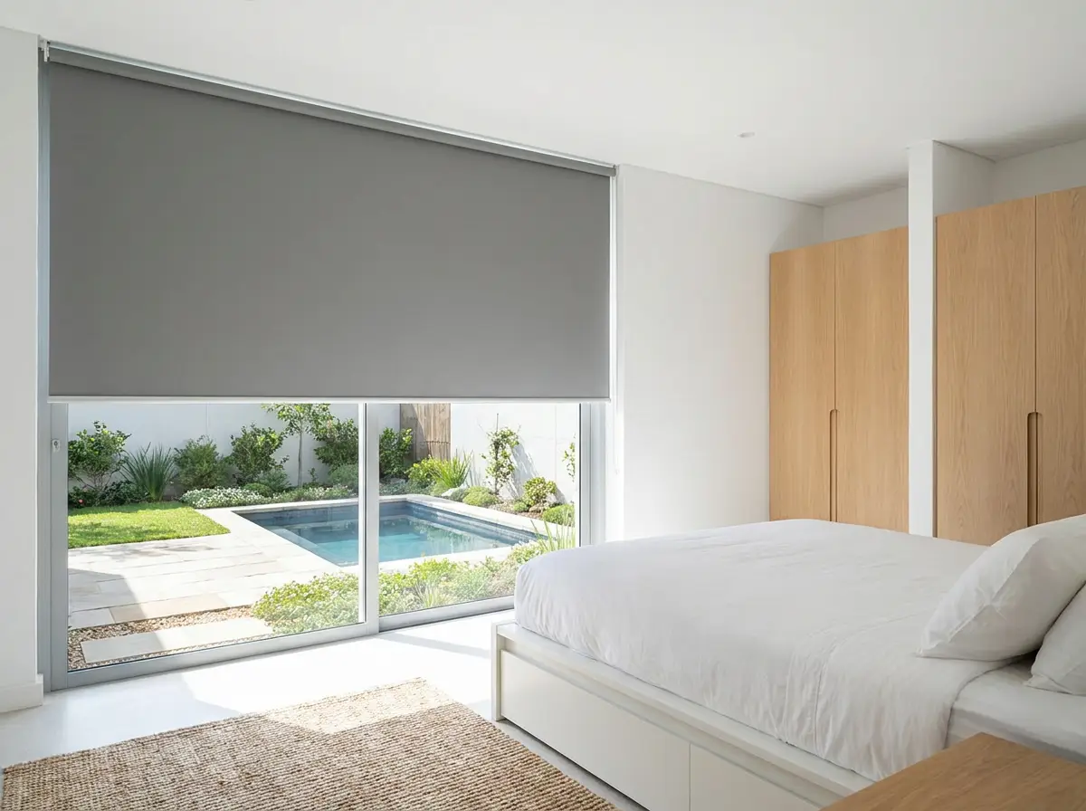 Bright bedroom in a newer Broadacres cluster-style home with a cordless blockout roller blind lowered over a window, overlooking a compact garden and pool