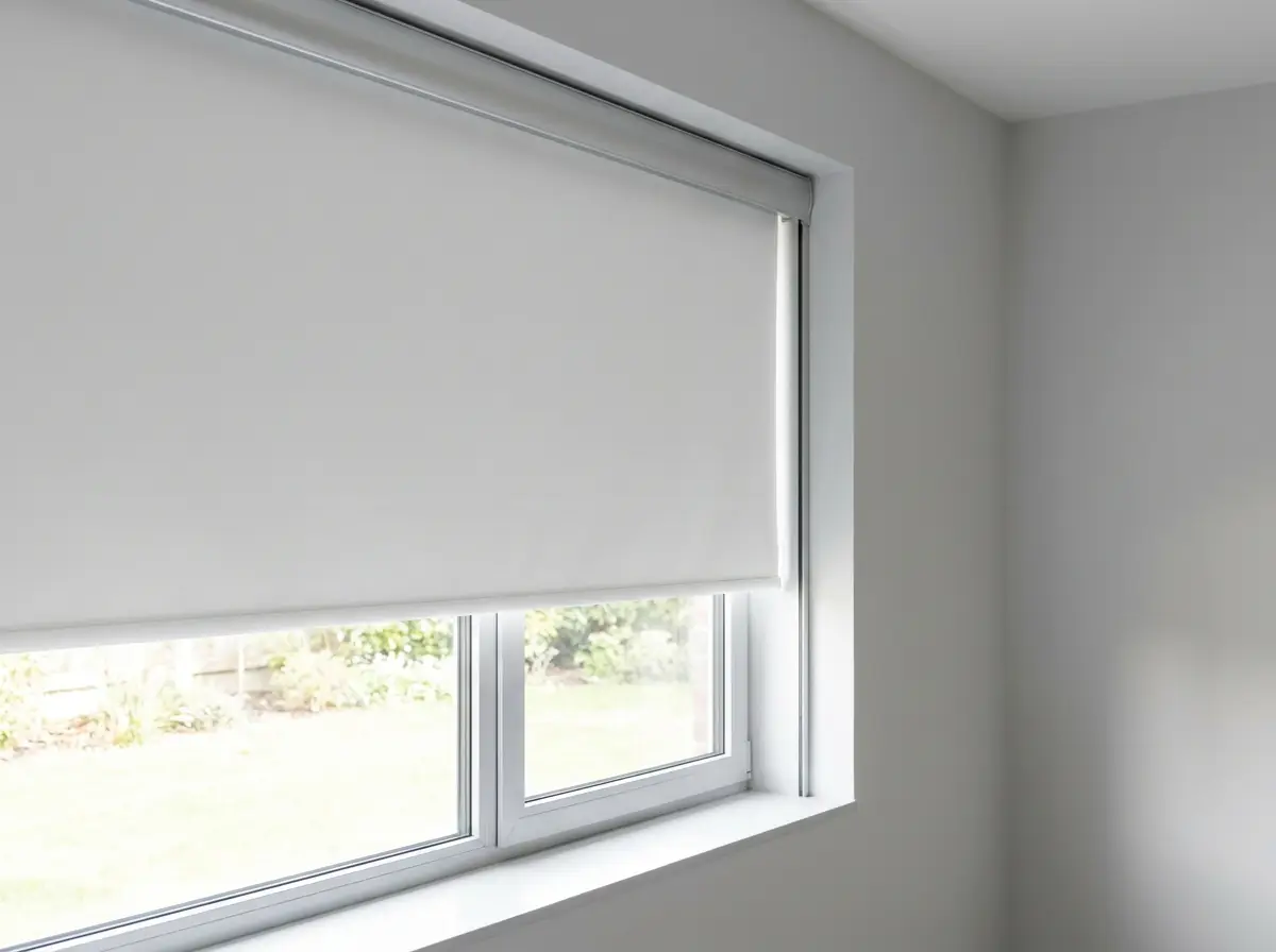 Close-up of a white blockout roller blind, a single smooth fabric panel on its tube, lowered halfway over a bright bedroom window in a Chartwell-area home