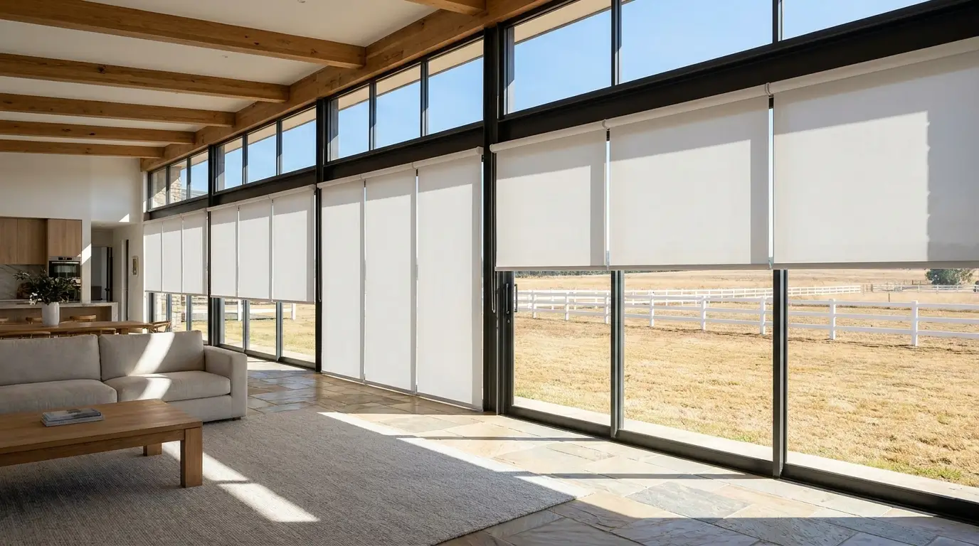 A wide open-plan living area with a continuous run of linked white blockout roller blinds across a large glass wall, some lowered and some raised, overlooking a paddock in the distance