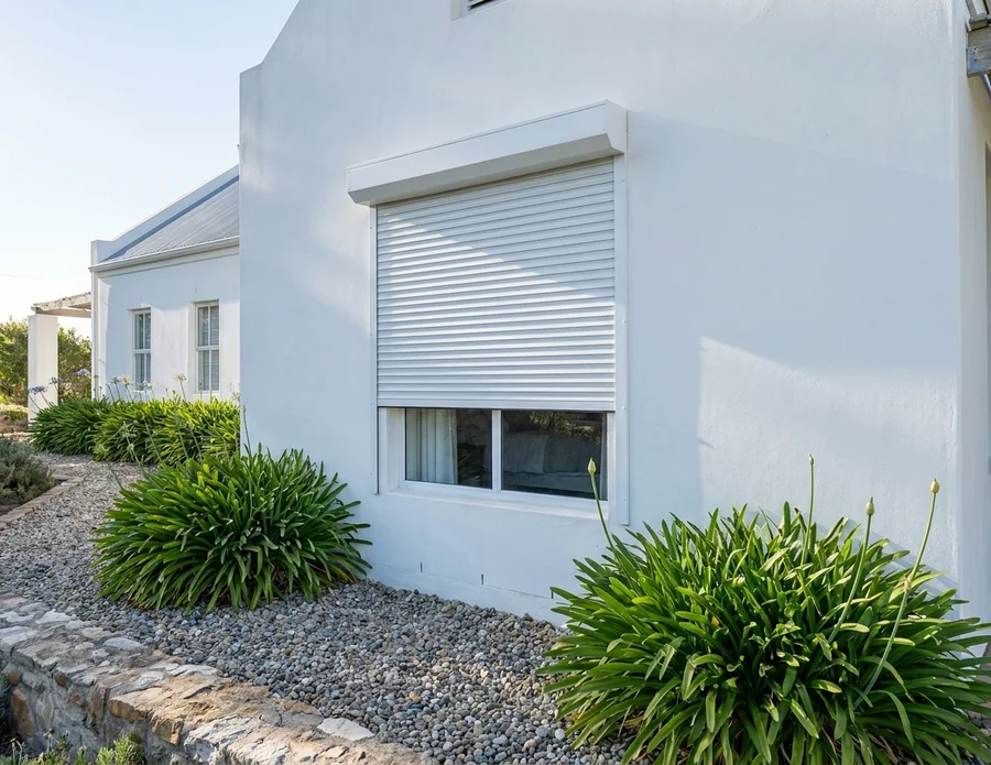 White aluminium roller shutter on a whitewashed Chartwell-area farmhouse, its box mounted above the ground-floor window and the slatted curtain lowered two-thirds down its guide rails, agapanthus in front