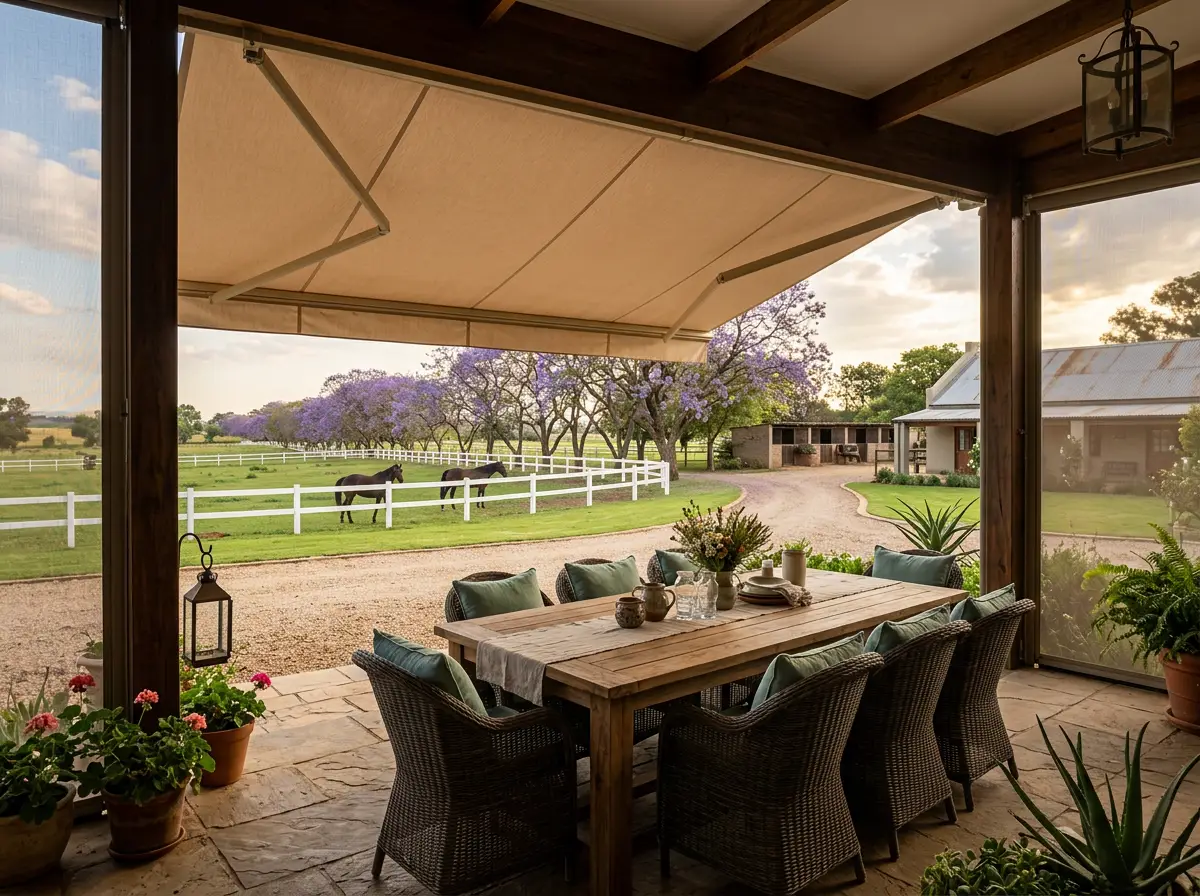 Folding-arm awning shading an outdoor dining table on a stoep, with white post-and-rail paddocks and grazing horses beyond