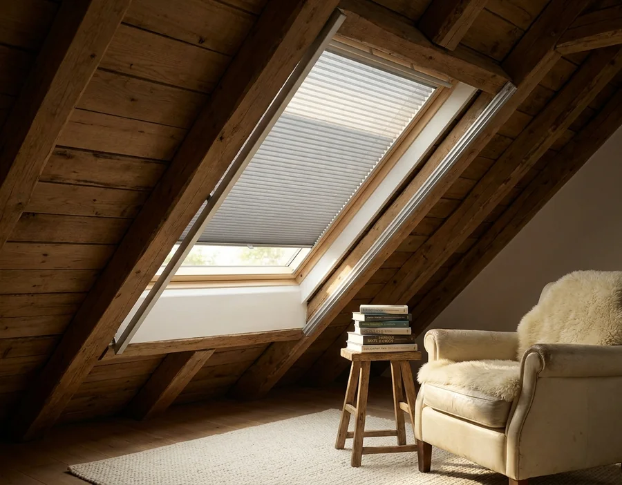 Dove-grey pleated blind held in side tracks on a sloping skylight between exposed rafters in a converted Chartwell-area attic room, half-drawn over a reading chair