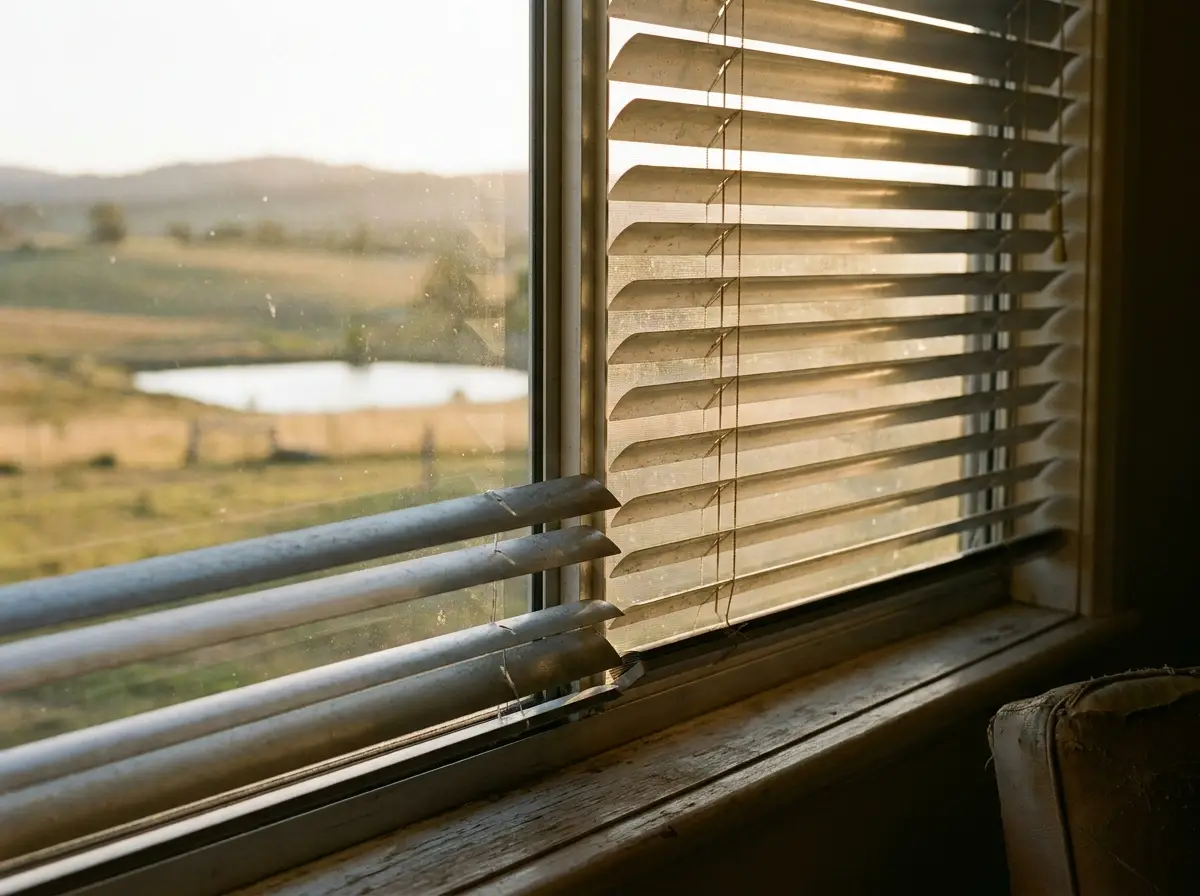 Close-up of aluminium venetian blind slats catching warm late-afternoon light, with a Kyalami paddock and dam softly visible through the window beyond